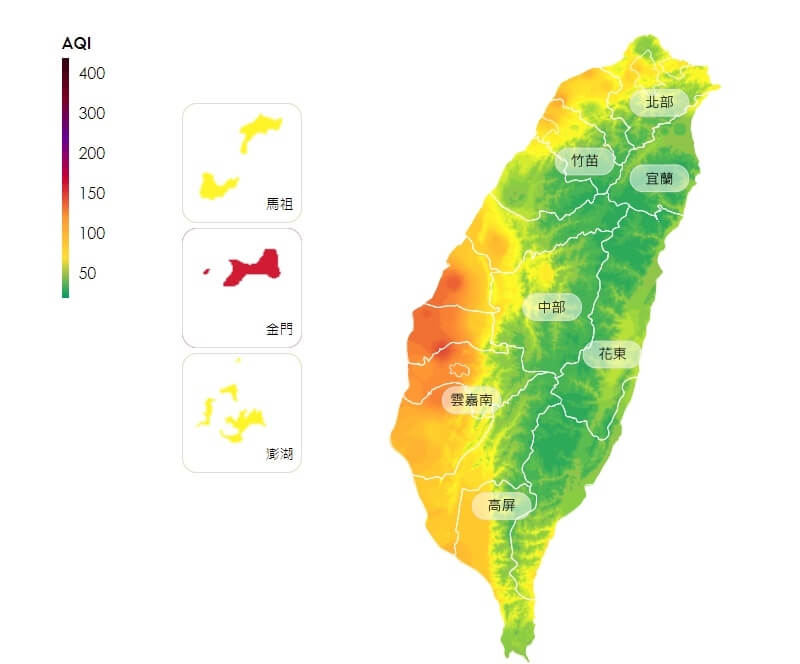 環境部預估，18日中部、雲嘉南及金門空氣品質亮橘燈，雲嘉南及金門局部地區短時間可能達紅色警示等級。（圖取自環境部網頁airtw.moenv.gov.tw）