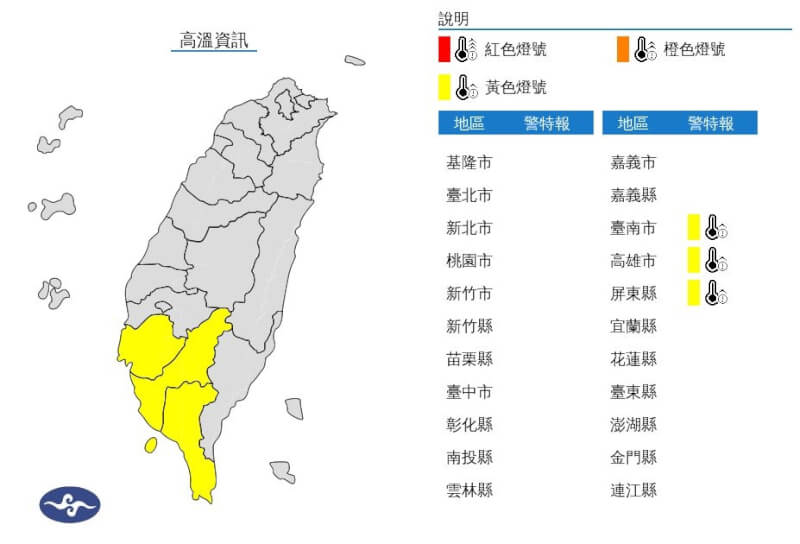 氣象署發布高溫資訊,21日中午前後台南市、高雄市、屏東縣地區為黃色燈號。(圖取自中央氣象署網頁cwa.gov.tw)