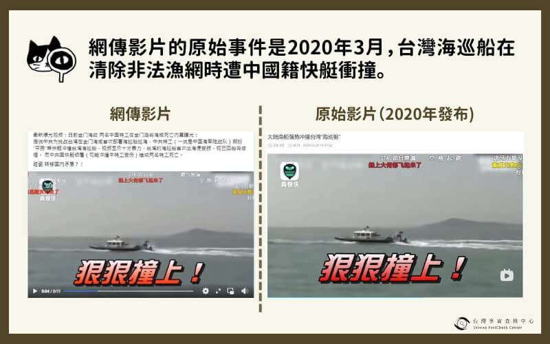 網路近日流傳中國大陸10艘漁船在金廈海域衝撞海巡船，經查為2020年3月所發布中國船越界新聞資料和畫面。（圖取自事實查核中心網頁tfc-taiwan.org.tw）