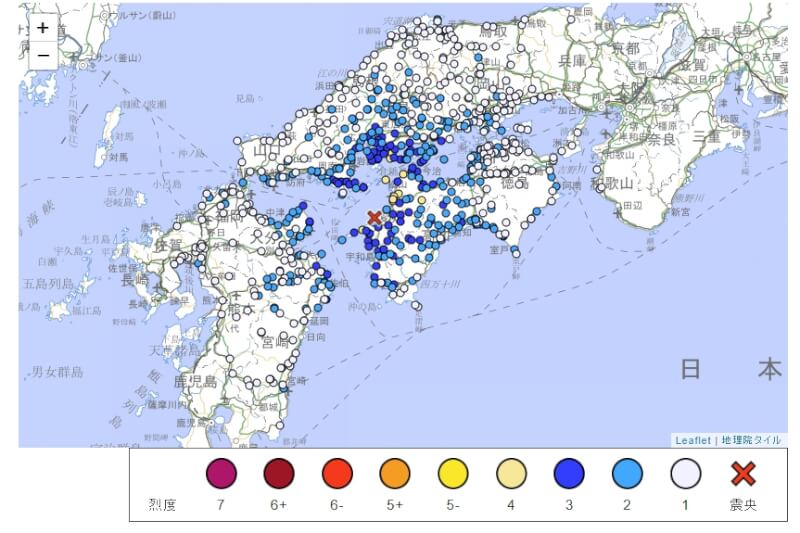 日本愛媛縣南予地區26日下午3時許發生規模5.1地震。（圖取自日本氣象廳網頁data.jma.go.jp）