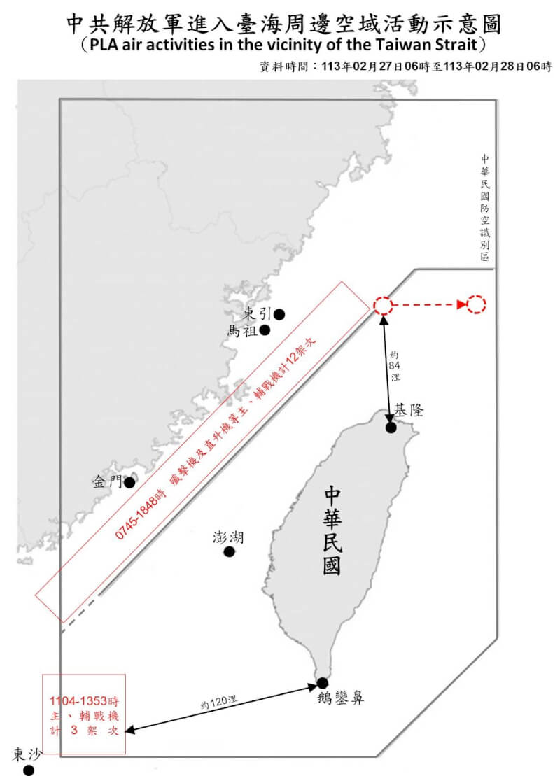 國防部表示，27日上午6時至28日上午6時偵獲共機3架次進入西南空域、共艦11艘次持續在台海周邊活動，並於基隆西北84浬偵獲1枚中共空飄氣球。（圖取自國防部網頁mnd.gov.tw）