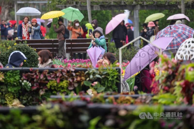圖為遊客前往士林官邸，在毛毛細雨中欣賞花展。（中央社檔案照片）