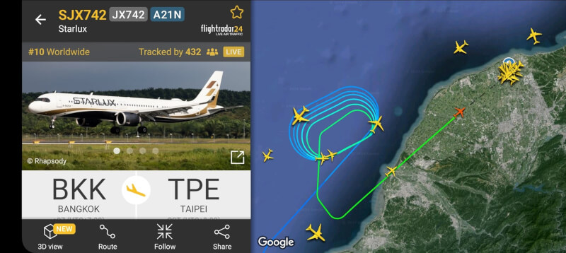 多架飛機在台灣外海繞圈圈、排隊。（圖取自twitter.com/flightradar24）