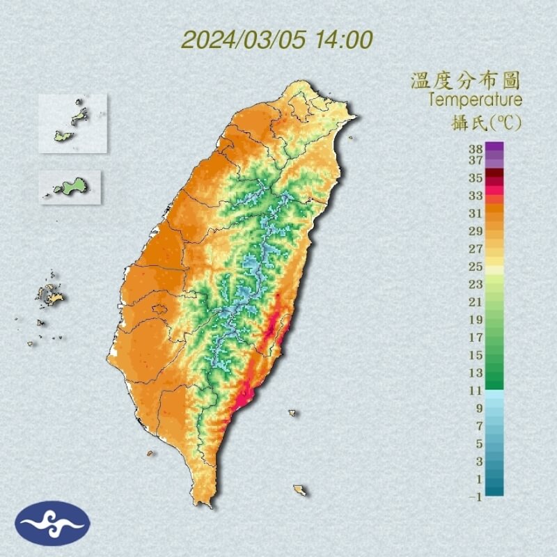 5日截至下午2時許，台東太麻里已達攝氏35.8度、花蓮光復35.6度。（圖取自中央氣象署網頁cwa.gov.tw）