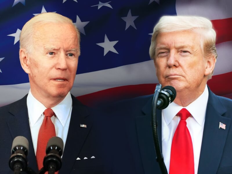 美國總統拜登（左）和前總統川普（右）將參加6月27日、9月10日的電視辯論。（中央社製圖）