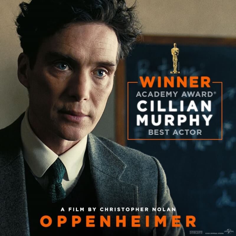愛爾蘭男星席尼墨菲10日憑藉「奧本海默」抱回奧斯卡最佳男主角大獎。（圖取自facebook.com/OppenheimerMovie）
