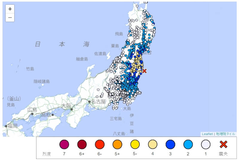 日本福島縣外海14日晚間11時14分（台灣時間）發生規模5.8地震。（圖取自日本氣象廳網頁jma.go.jp）