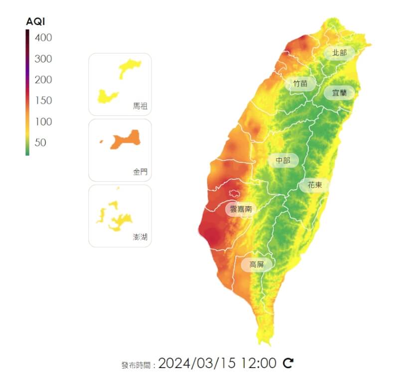 30日風場擴散條件差，雲嘉南高屏空氣品質亮紅燈。（圖取自空氣品質監測網網頁airtw.moenv.gov.tw）