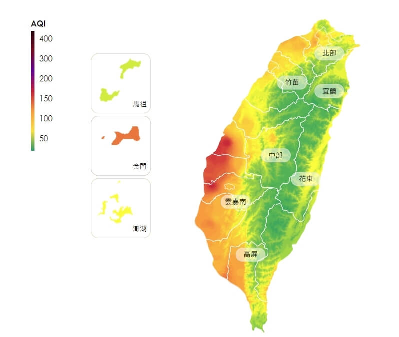 環境部表示，17日西半部擴散條件差，截至上午10時，彰化、嘉義局部空氣品質達紅色警示等級。（圖取自空氣品質監測網頁airtw.moenv.gov.tw）