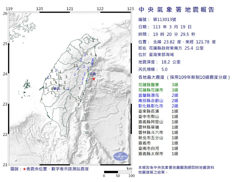 19日晚間7時20分發生芮氏規模5地震，震央位於台灣東部海域。（圖取自中央氣象署網頁cwa.gov.tw）
