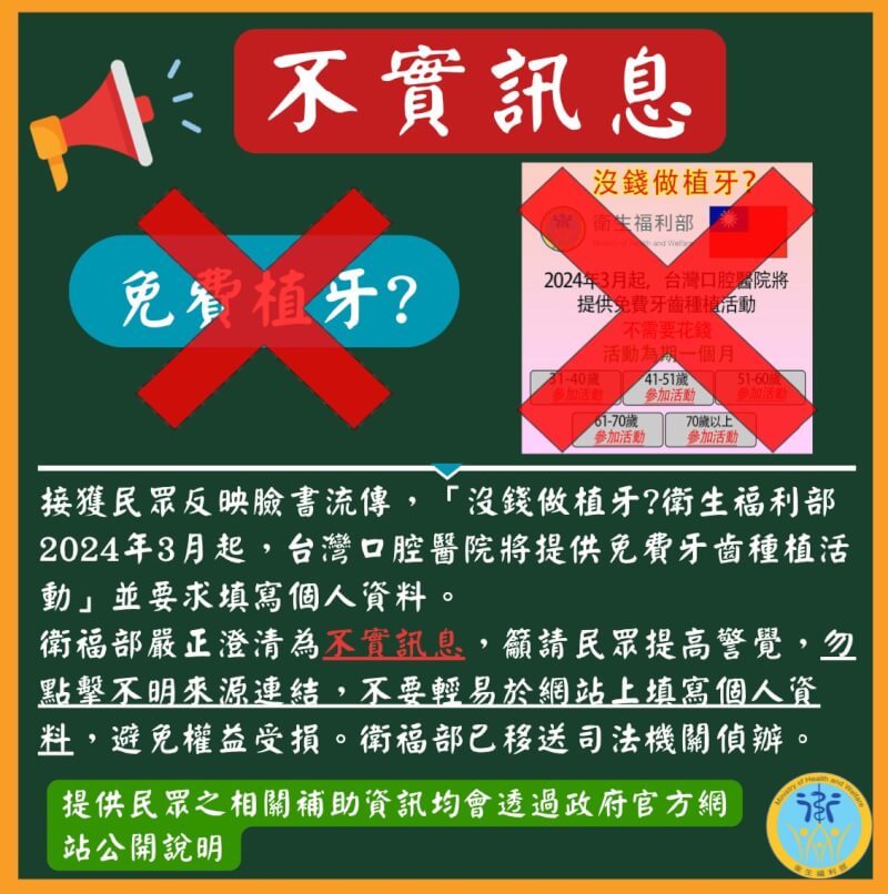 網路近來流傳「2024年3月衛生福利部提供免費牙齒種植活動」相關訊息，衛福部20日出面澄清該訊息為不實消息，呼籲民眾切勿點擊不明來源連結、不要輕易在網站上填寫個資，避免權益受損。（衛福部提供）中央社記者沈佩瑤傳真 113年3月20日