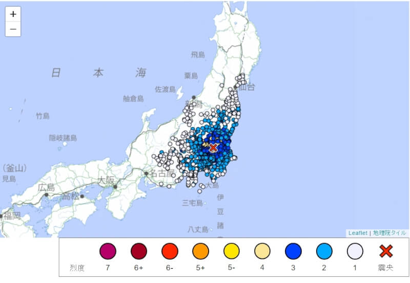 日本茨城縣南部（紅色標記處）21日上午9時8分發生規模5.3地震。（圖取自日本氣象廳網頁jma.go.jp）