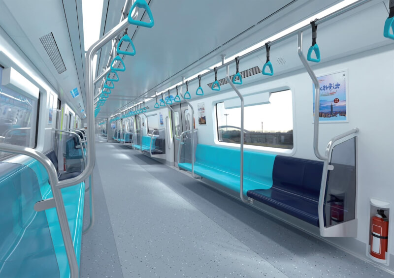 台北捷運規劃採購現代樂鐵高運量電聯車，公開車廂內部為藍色系清涼配色。（圖取自facebook.com/metro.taipei）