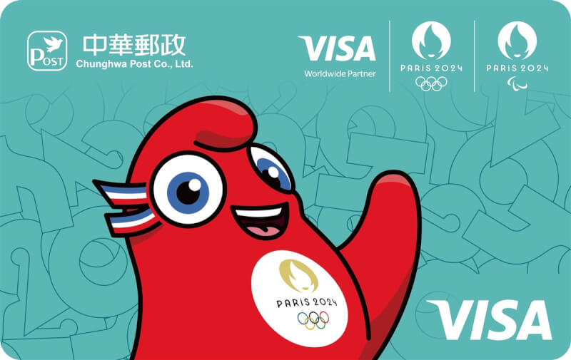 中華郵政公司與Visa為迎接體育盛事，2023年先推出卡面採用「2024年巴黎奧運」吉祥物「弗里吉Phryges」的郵政數位Visa金融卡，即日起再推出實體卡。（中華郵政提供）中央社記者汪淑芬傳真 113年3月22日