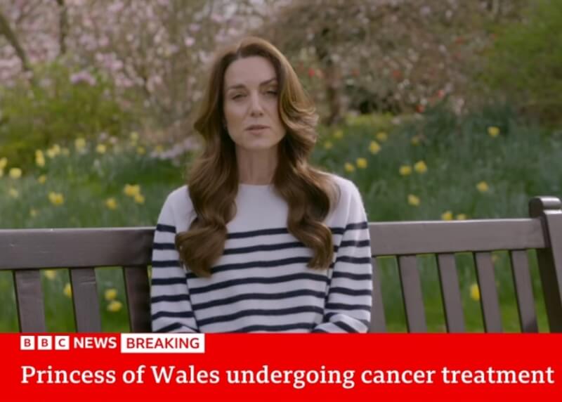 英國威爾斯王儲妃凱特22日透過預錄影片，宣布自己罹患癌症。（圖取自BBC網頁youtube.com）
