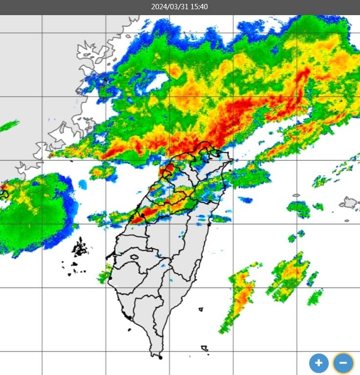气象署31日下午针对北北桃发布大雷雨即时讯息，慎防剧烈降雨。（图取自中央气象署网页cwa.gov.tw）