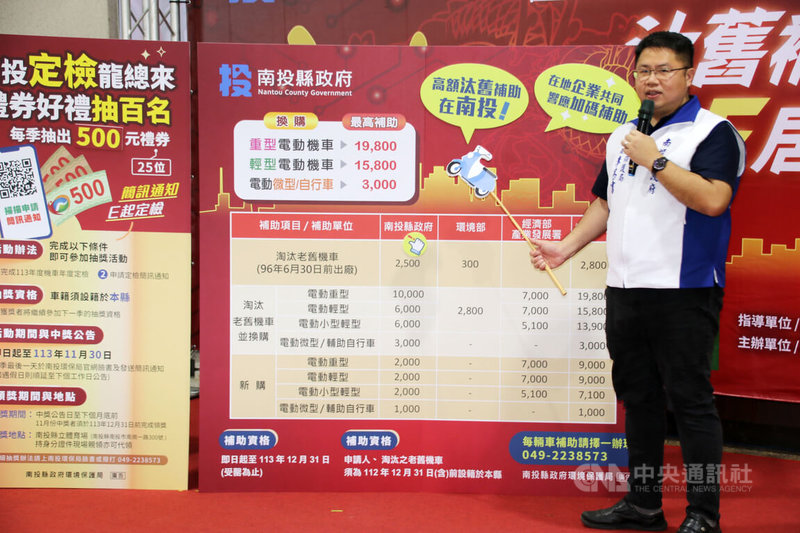 南投縣政府持續鼓勵縣民淘汰老舊機車並換購電動機車,南投縣環保局長李易書(圖)1日說明補助方案,補助最高新台幣1萬9800元,即日起至12月31日受理補助,經費用完為止。中央社記者蕭博陽南投攝 113年4月1日