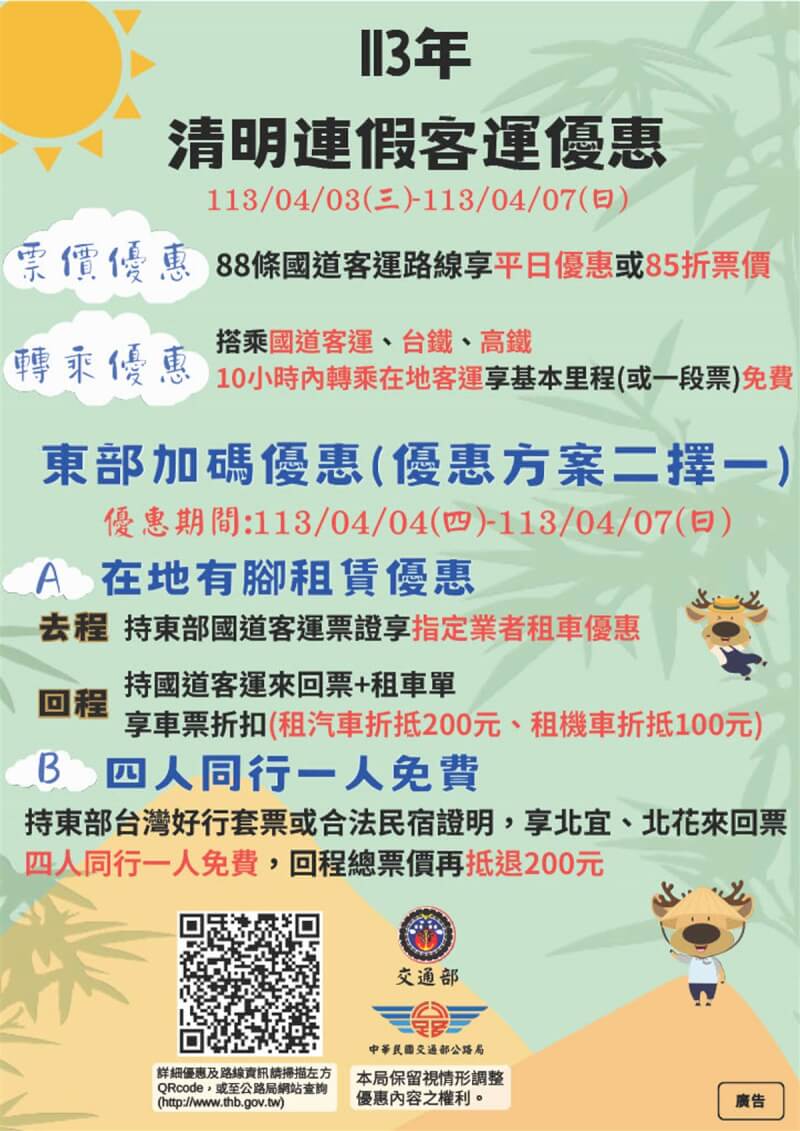 清明連假將至，公路局鼓勵民眾搭乘公共運輸，推出東部限定版「在地有腳活動租車優惠」，並加開行駛玉長公路客運，方便旅客接駁台鐵火車。（台東監理站提供）中央社記者盧太城台東傳真 113年4月2日