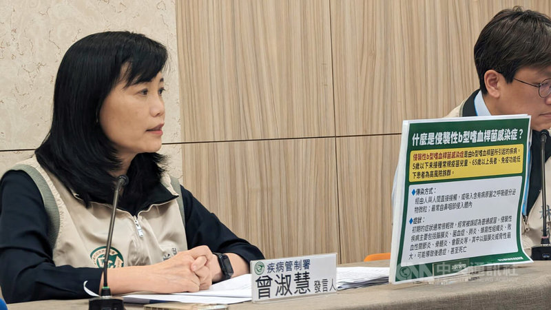衛生福利部疾病管制署2日公布今年國內首例侵襲性B型嗜血桿菌感染症確定病例,為南部80多歲女性的機構住民,疾管署發言人曾淑慧(左)說明,此病主要經由人與人間之直接接觸,或吸入含有病原菌呼吸道分泌物微粒而感染。中央社記者曾以寧攝 113年4月2日
