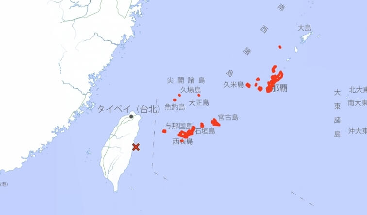 台灣3日上午發生規模推估7.5地震，日本氣象廳已針對沖繩本島及宮古島、八重山地區發布海嘯警報。（圖取自日本氣象廳網頁data.jma.go.jp）