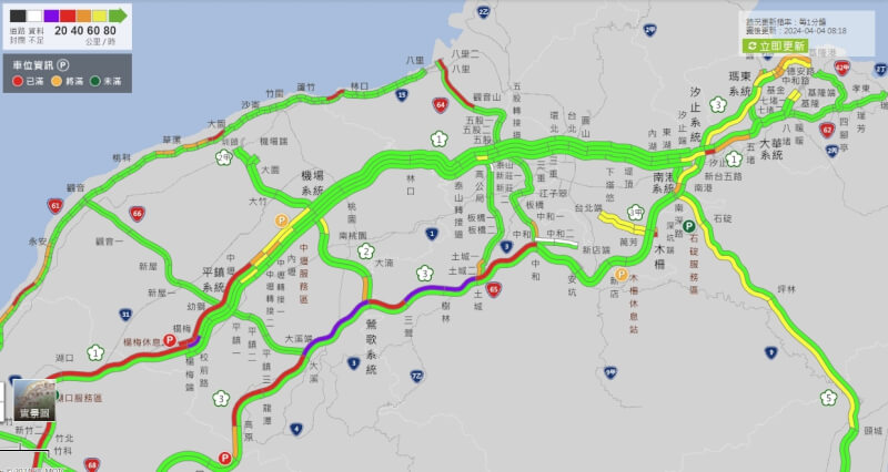 國道南向路段4日一早塞車,局部路段出現紫爆。(圖取自高公局網頁1968.freeway.gov.tw/)