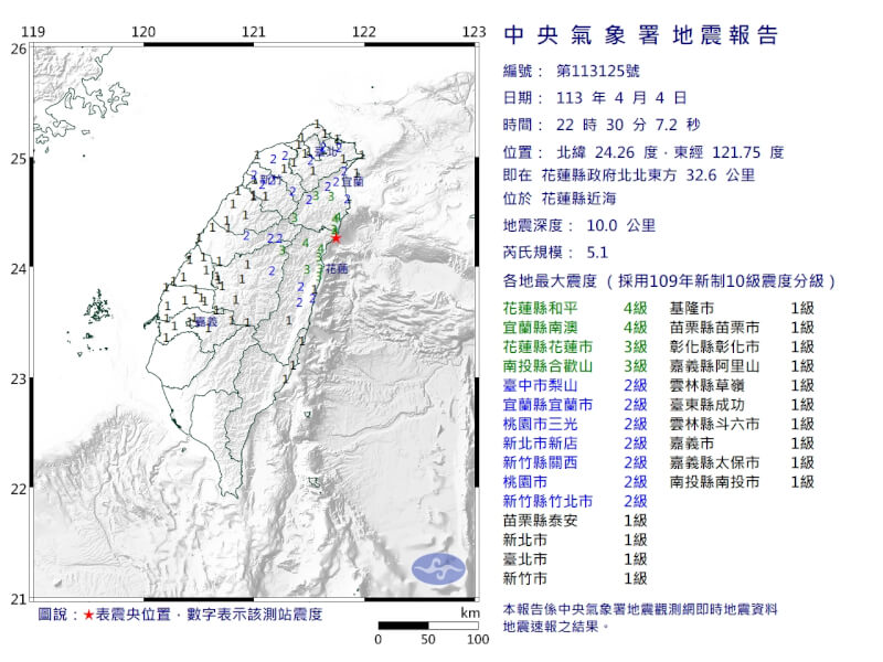 花蓮縣近海4日晚間10時30分發生芮氏規模5.1地震。（圖取自中央氣象署網頁cwa.gov.tw）