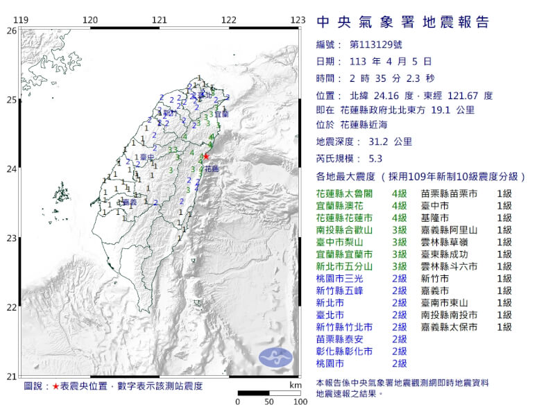 花蓮縣近海5日凌晨2時35分發生芮氏規模5.3地震。（圖取自中央氣象署網頁cwa.gov.tw）