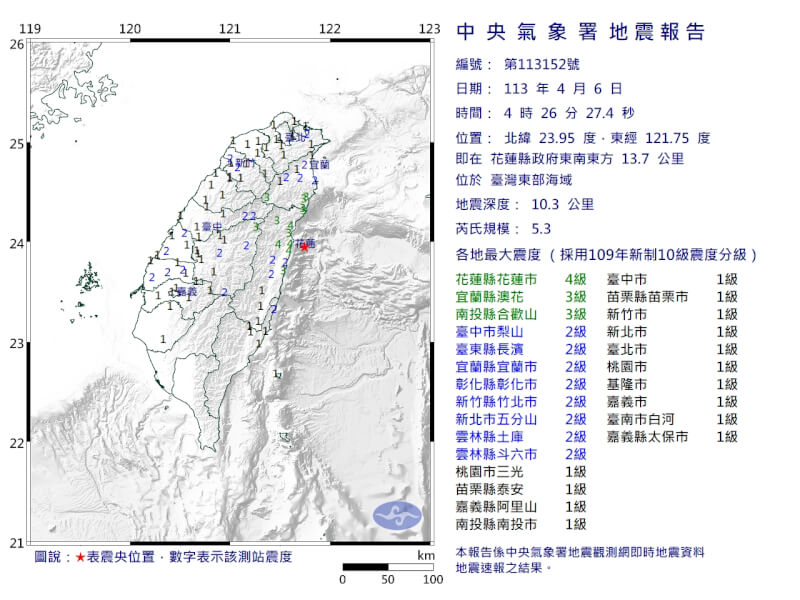 台灣東部海域6日4時26分發生芮氏規模5.3地震。（圖取自中央氣象署網頁cwa.gov.tw）