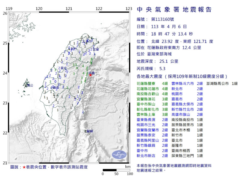 6日晚間6時47分東部海域發生規模5.3地震。（圖取自氣象署網頁cwa.gov.tw）