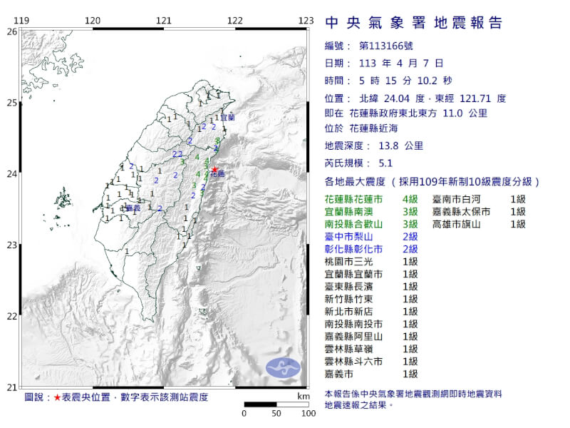 花蓮縣近海（星號處）7日5時15分發生規模5.1地震。（圖取自氣象署網頁cwa.gov.tw）