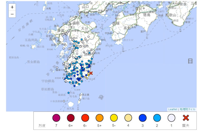 日本大隅半岛东方外海当地时间8日上午10时25分规模5.2地震。（图取自日本气象厅网页jma.go.jp）