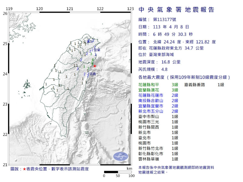 8日上午6時49分,於花蓮外海發生規模4.8地震。(圖取自中央氣象署網頁cwa.gov.tw)