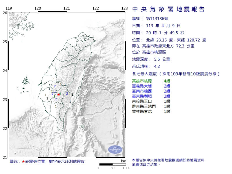 高雄市桃源区9日晚间8时1分发生芮氏规模4.2地震。（图取自中央气象署网页cwa.gov.tw）