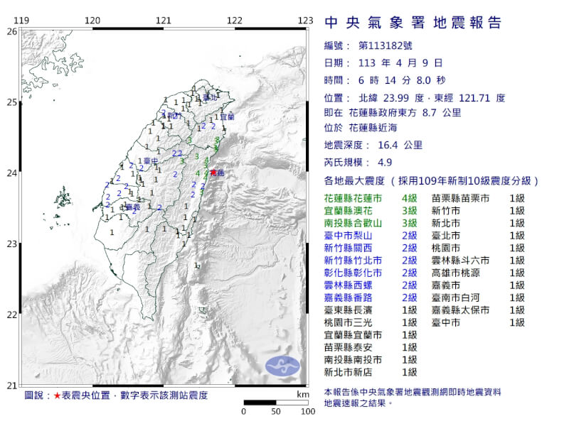 花蓮縣近海9日清晨6時14分發生芮氏規模4.9地震。（圖取自中央氣象署網頁cwa.gov.tw）