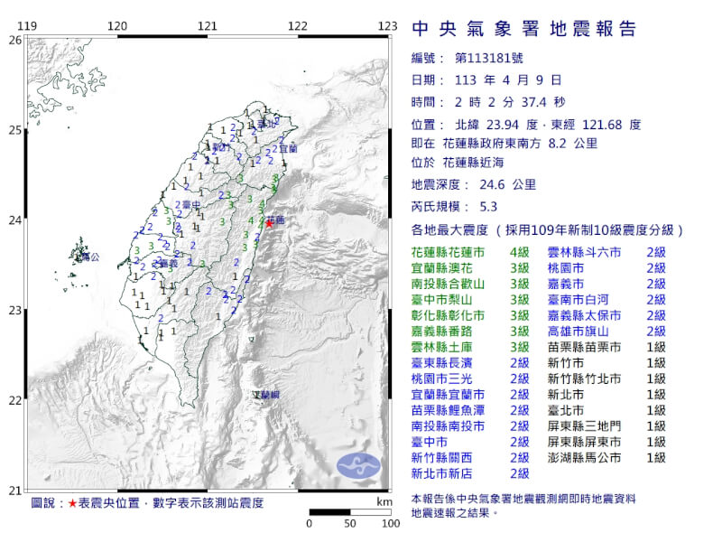 花蓮縣近海9日凌晨2時2分發生芮氏規模5.3地震。（圖取自中央氣象署網頁cwa.gov.tw）