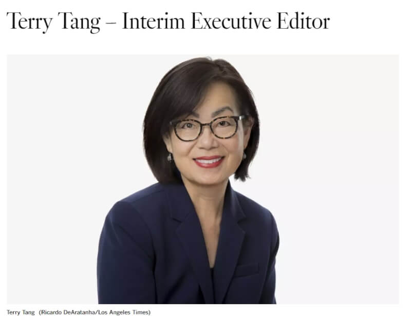 美國「洛杉磯時報」8日正式任命台裔的唐泰芮（Terry Tang，音譯）為總編輯，她也成為該報創立142年以來首位出任該職的女性。（圖取自洛杉磯時報網頁latimes.com）
