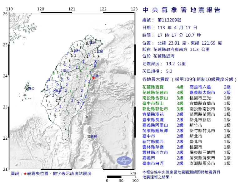 17日下午5时17分花莲县近海发生芮氏规模5.2地震。（图取自气象署网页cwa.gov.tw）