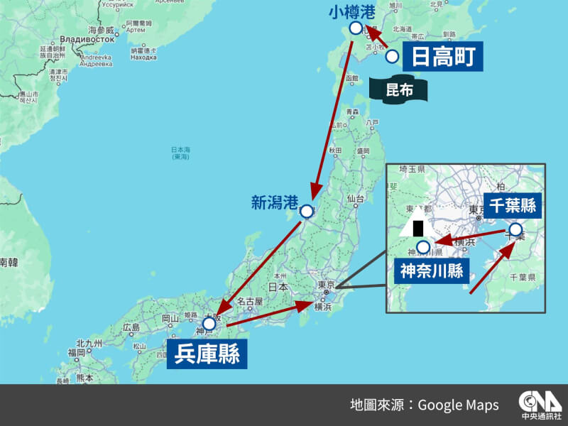 追蹤飯糰的製作,昆布要先從北海道日高地區被載送到小樽港,再送到新潟港,接著再到兵庫縣加工後,送到千葉縣包裝,最後到神奈川縣完成製作。(中央社製圖)