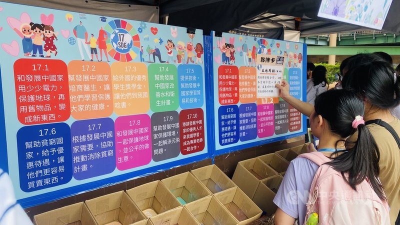 新北閱讀節系列活動20日揭幕,結合世界地球日,以閱讀、永續、時尚、國際、生活為主軸,攤位響應聯合國永續發展目標SDGs,讓孩童透過投擲遊戲,認識17項全球邁向永續發展的核心目標。中央社記者黃旭昇新北攝 113年4月20日