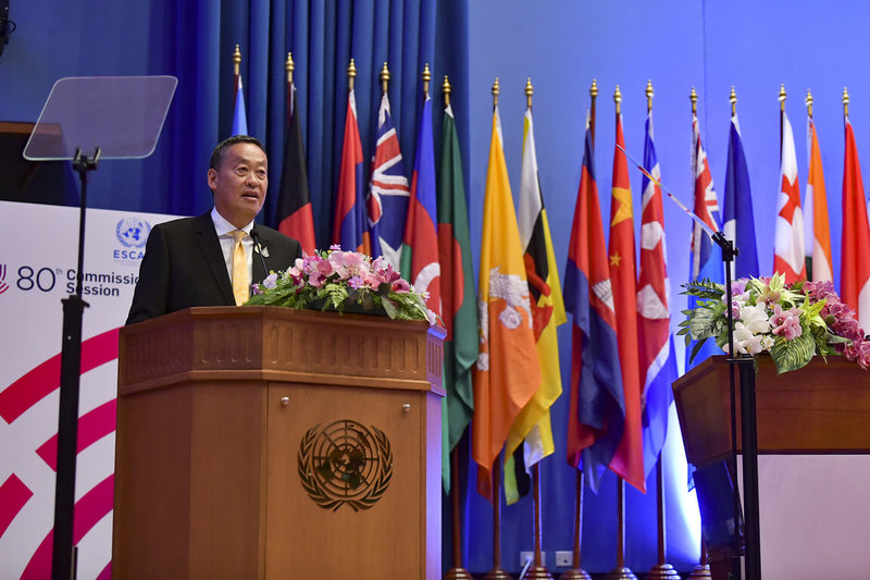 聯合國亞太經社委員會（ESCAP）第80屆年會22日到26日在曼谷登場，泰國總理賽塔在開幕式致詞。（泰國總理府提供）中央社記者呂欣憓曼谷傳真  113年4月22日
