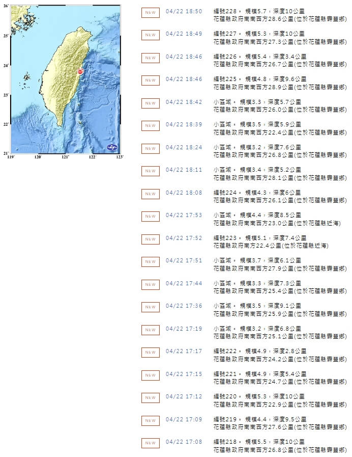 花蓮22日下午5時8分至6時50分發生20起地震。（圖取自中央氣象署網頁cwa.gov.tw）