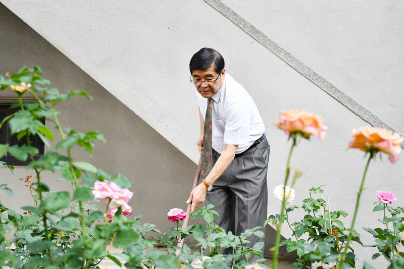高雄醫學大學校長楊俊毓（圖）化身園丁，在校園角落種起玫瑰花，至今已成百株玫瑰園，他也分享種植感受體悟，成就另類生命教育。（高醫大提供）中央社記者林巧璉傳真  113年4月23日