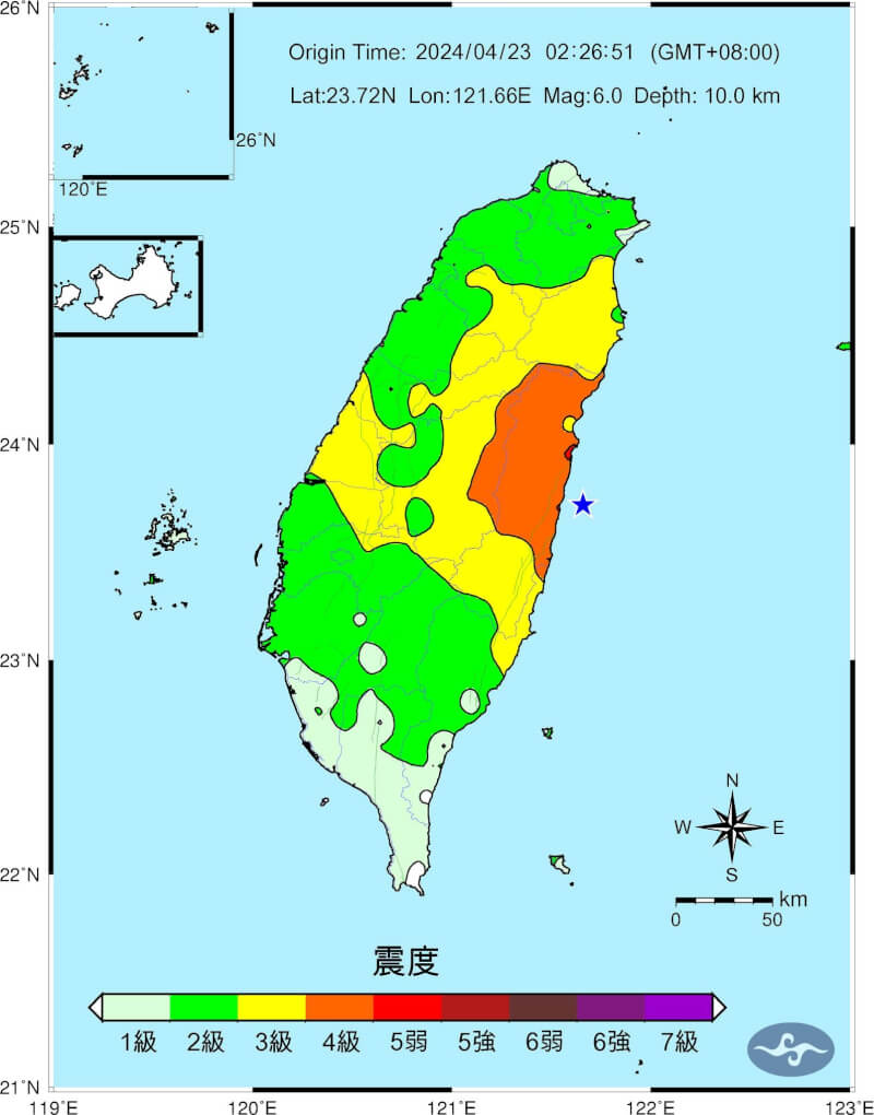 台灣東部海域23日凌晨2時26分發生芮氏規模6地震，最大震度花蓮縣5弱。（圖取自facebook.com/cwa.seismology）