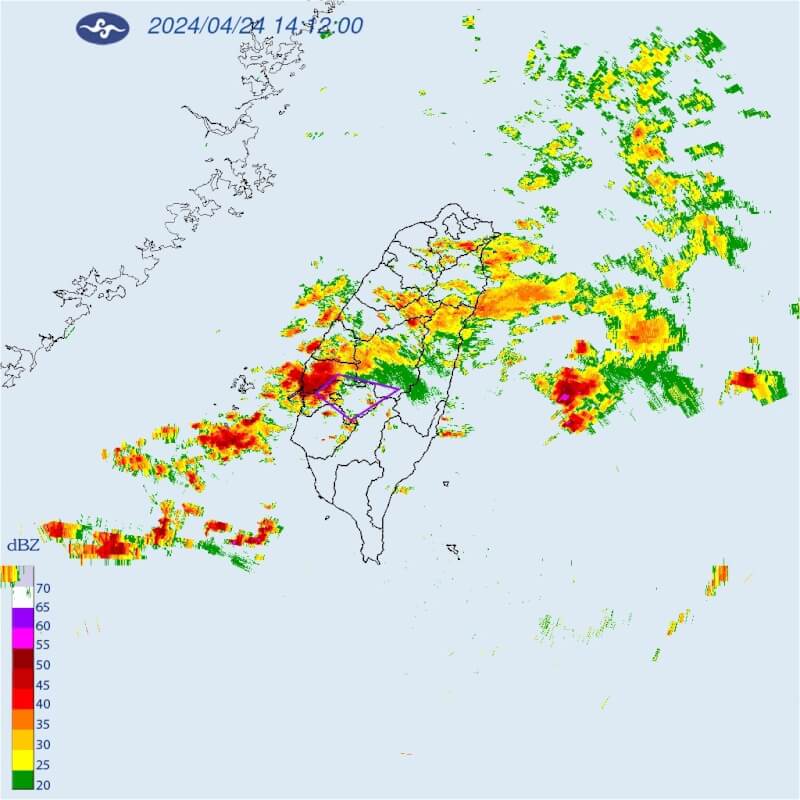 氣象署24日下午針對南投、雲林、嘉義縣市及台南等5縣市發布大雷雨即時訊息。（圖取自中央氣象署網頁cwa.gov.tw）