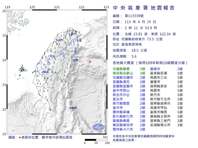 花蓮外海25日上午2時11分發生規模5.6地震。（圖取自中央氣象署網頁cwa.gov.tw）