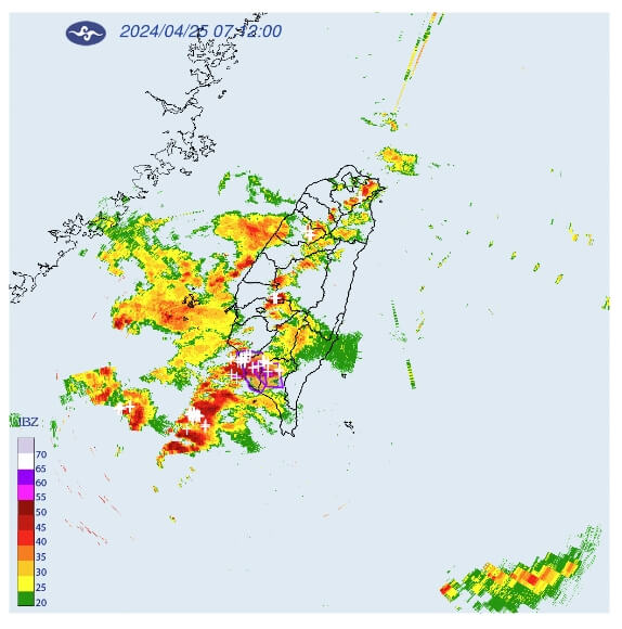 气象署25日上午对台南市、高雄市、屏东县发布大雷雨即时讯息。（图取自中央气象署网页cwa.gov.tw）
