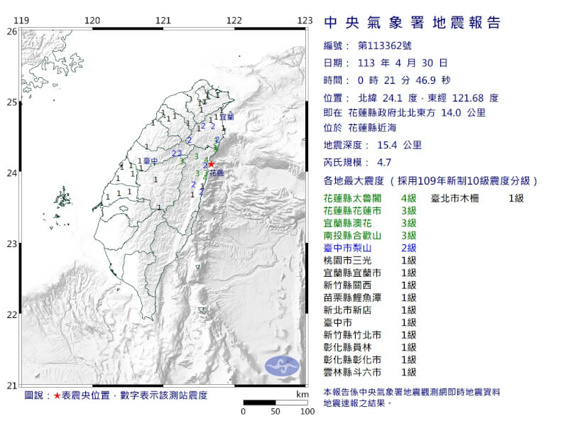 花蓮30日凌晨0時21分發生芮氏規模4.7地震。（圖取自中央氣象署網頁cwa.gov.tw）