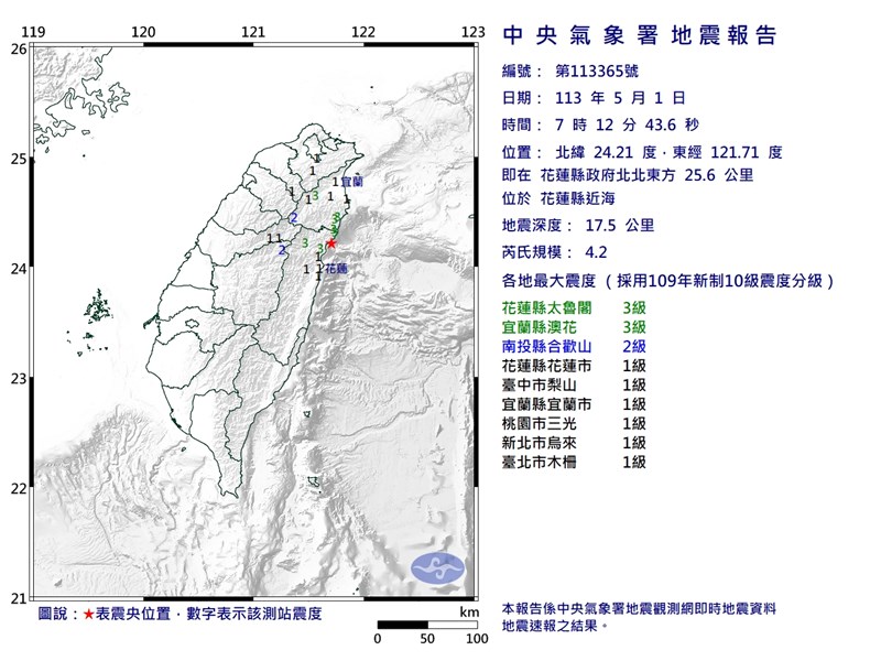 花蓮縣近海（星號處）1日上午發生芮氏規模4.2地震。（圖取自中央氣象署網頁cwa.gov.tw）