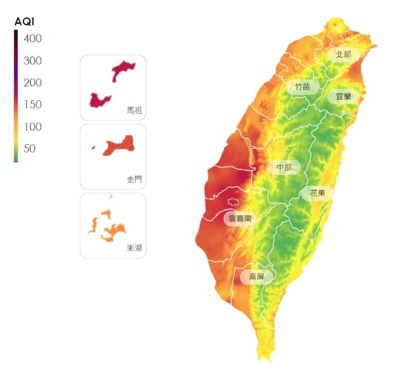 環境部空氣品質監測網8日下午6時發布空品情況。（圖取自空氣品質監測網頁airtw.moenv.gov.tw）