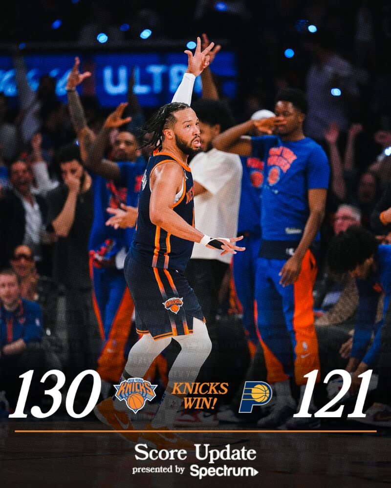 NBA東區季後賽第2輪，紐約尼克隊9日以130比121擊敗溜馬。（圖取自twitter.com/nyknicks）